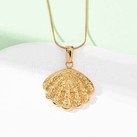 304 Stainless Steel Textured Shell Shape Pendant Snake Chain Necklaces for Women NJEW-F354-10G-1