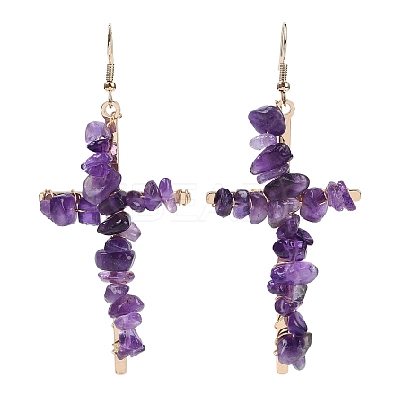 Natural Amethyst Cross Dangle Earrings EJEW-Z071-01G-03-1