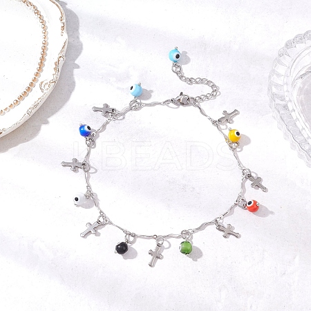 Handmade Evil Eye Lampwork & 304 Stainless Steel Cross Tassel Bar Link Chain Anklets for Women AJEW-AN00741-01-1
