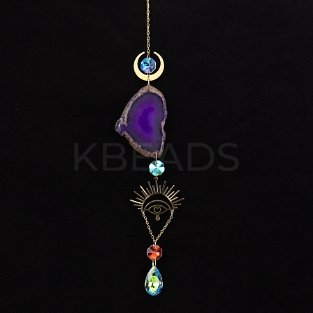 Natural Amethyst Piece & Metal Evil Eye Moon Hanging Ornaments PW-WG66301-03-1