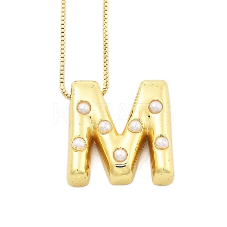 Brass & Plastic Pearl Letter Pendant Box Chain Necklaces for Women LS-NJEW-U017-01G-13-1