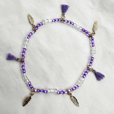 Bohemian Style Alloy Feather Charm Tassel Plastic Seed Beaded Stretch Anklets FS-WGB8A48-18-1