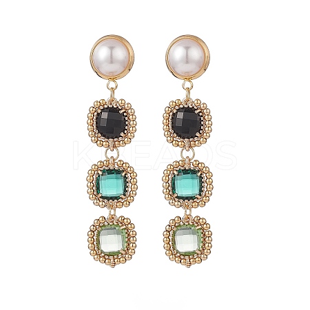 Glass Rectangle Beaded Long Dangle Stud Earrings with Imitation Pearl EJEW-TA00141-01-1