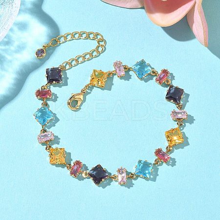 Rectangle Rhombus Brass Glass & Cubic Zirconia Link Bracelets BJEW-D378-01G-1
