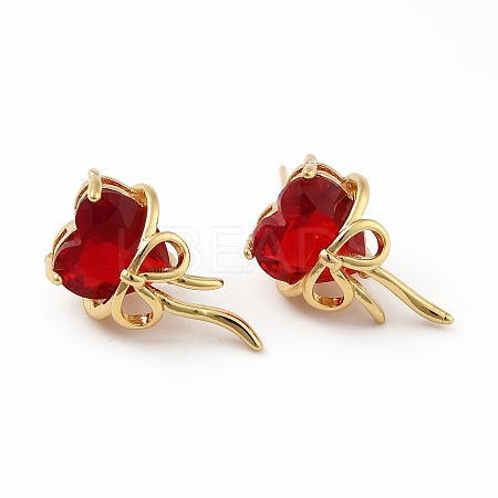 Cubic Zirconia Heart with Bowknot Stud Earrings EJEW-B013-10G-02-1