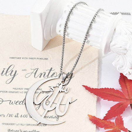 201 Stainless Steel Moon & Arabic Pendants Box Chain Necklaces for Women Men NJEW-R013-02P-1