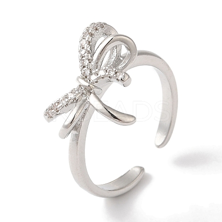 Bowknot Brass Micro Pave Clear Cubic Zirconia Open Cuff Rings for Women LS-RJEW-C098-07P-1
