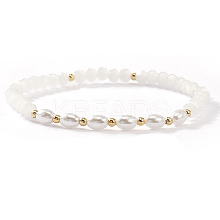 Fashion Natural Freshwater Pearl & Brass & Glass Beaded Stretch Bracelets for Women LS-SF7008-3-1