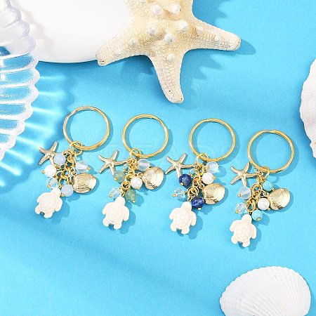 4Pcs 4 Colors Ocean Series Natural White Jade & Lapis Lazuli & Green Aventurine & Synthetic Turquoise & 304 Stainless Steel Starfish Shell Shape Turtle Keychain KEYC-JKC01388-1