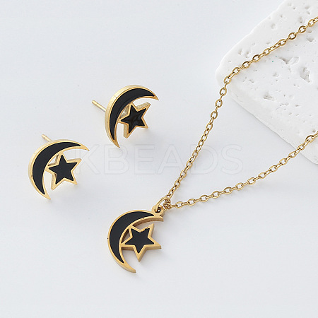 304 Stainless Steel Enamel Moon Star Pendant Necklace & Stud Earrings Set for Women FZ5218-5-1