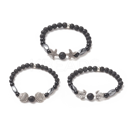 3Pcs 3 Style Natural Lava Rock & Black Onyx Beaded Stretch Bracelets Set BJEW-JB09237-1