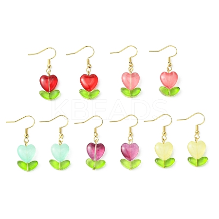 Heart Flower Glass & Lampwork Dangle Earrings EJEW-JE05324-1