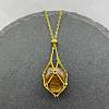 Natural Tiger Eye Nuggets Macrame Pouch Pendant 201 Stainless Steel Chain Necklaces FS-WG7A779-17-1