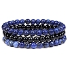 3Pcs 3 Style Natural Lapis Lazuli & Black Agate Round Beaded Stretch Bracelets Set PW23030760213-1