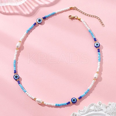 Natural Pearl & Resin Evil Eye & Glass Seed Beaded Necklaces for Women NJEW-MZ00152-01-1