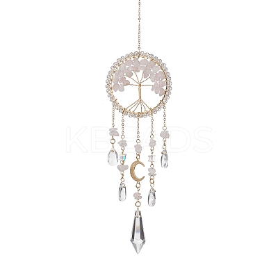 Natural Rose Quartz Copper Wire Wrapped Tree of Life Hanging Ornaments HJEW-TA00110-1