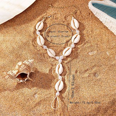 Bohemian Style Natural Cowrie Shell & Plastic Imitation Pearl & Waxed Cord Adjustable Toe Ring Anklets FS-WG74F62-01-1