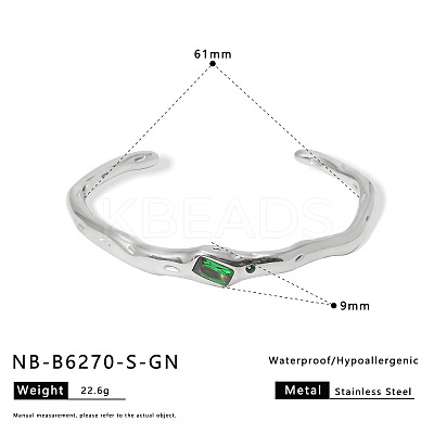 304 Stainless Steel Micro Pave Green Cubic Zirconia Cuff Bangles for Women WG3B407-06-1