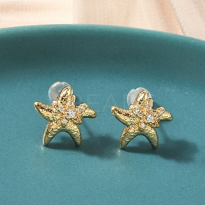 Starfish Brass Micro Pave Clear Cubic Zirconia Stud Earrings EJEW-Z152-03G-1