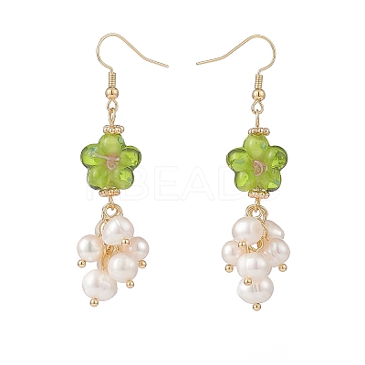 Lampwork Flower with Natural Pearl Dangle Earrings EJEW-TA00145-1