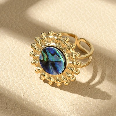 Flat Round 304 Stainless Steel Paua Shell Finger Rings for Women RJEW-G346-08G-01-1