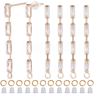 6Pcs Brass Pave Clear Cubic Zirconia Rectangle Tassel Stud Earring Findings DIY-CN0002-77-1