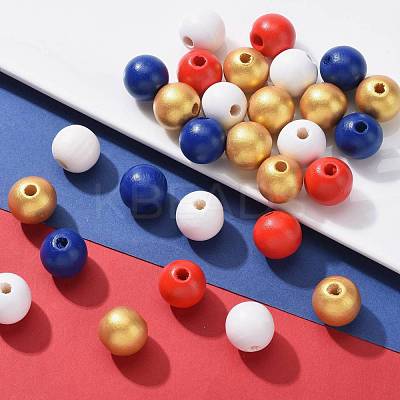 160 Pcs 4 Colors 4 July American Independence Day Painted Natural Wood Round Beads WOOD-LS0001-01A-1