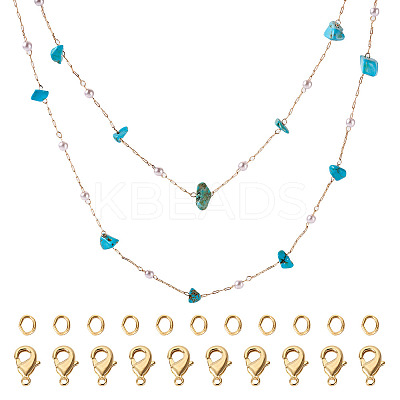 3m Natural Synthetic Turquoise Chips & ABS Plastic Imitation Pearl Beaded Chains Necklace Making Kits CHC-TA0001-30C-1
