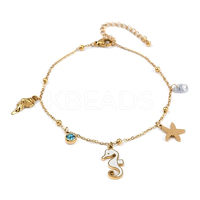 304 Stainless Steel Pave Deep Sky Blue Cubic Zirconia Enamel Sea Horse Starfish Conch Charm Anklets for Women AJEW-G069-03G-1