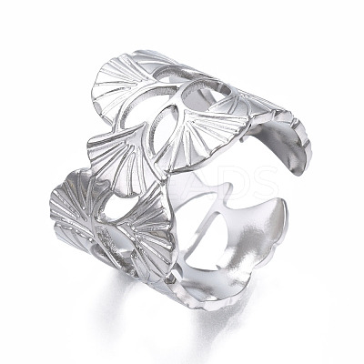 Non-Tarnish 304 Stainless Steel Ginkgo Leaf Wrap Open Cuff Ring RJEW-T023-28P-1