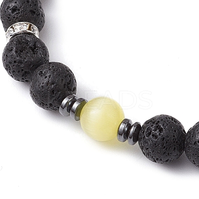 Round Natural Lava Rock & Cat Eye Beads Stretch Bracelets for Women BJEW-JB10986-1