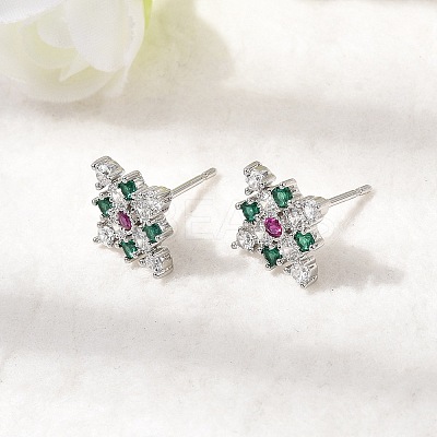 Rhombus Brass Micro Pave Cubic Zirconia Stud Earrings EJEW-L306-02P-1