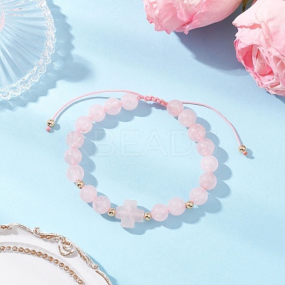 Natural Rose Quartz Beaded Braided Bead Bracelets for Women BJEW-JB12212-01-1