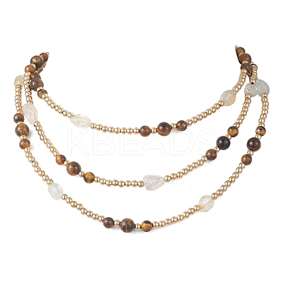 Round Natural Tiger Eye & Nuggets Topaz Beaded Wrap Long Necklaces NJEW-JN05907-01-1