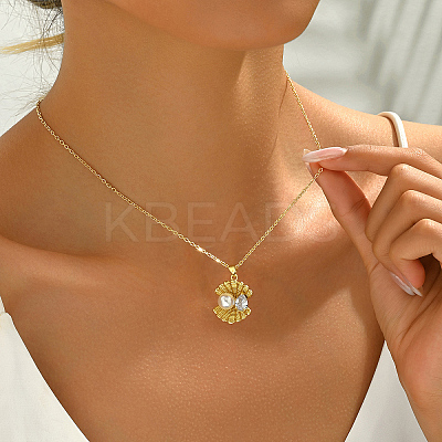 Elegant Ocean Style Brass Cubic Zirconia & Imitation Pearl Shell Shape Pendant Necklaces for Women IA4367-1