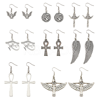 8 Pairs 8 Sytle Bat & Ankh Cross & Eye of Ra/Re & Egyptian Zinc Alloy Dangle Earrings EJEW-FI0001-37-1
