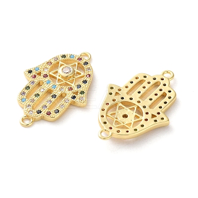 Rack Plating Brass Colorful Cubic Zirconia Religion Hamsa Hand Connector Charm KK-C084-19G-1