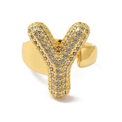 Letter Brass Micro Pave Clear Cubic Zirconia Open Cuff Ring for Women RJEW-N046-03Y-G-1