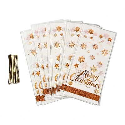 50Pcs Merry Christmas Snowflake Printed Transparent OPP Cellophane Packaging Bags with Wire Twist Ties LS-ABAG-C013-03-1