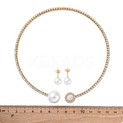 Round Plastic Imitation Pearl Stud Earrings & Cubic Zirconia Rhinestone Cuff Choker Necklaces Sets SJEW-U003-05G-1