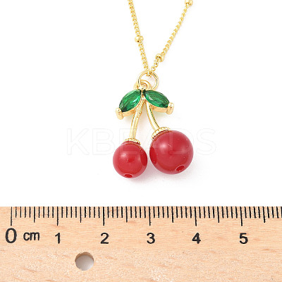 Brass Resin Fruit Cherry Pendant Satellite Chain Necklaces with Green Cubic Zirconia Leaf for Women NJEW-D306-03G-1
