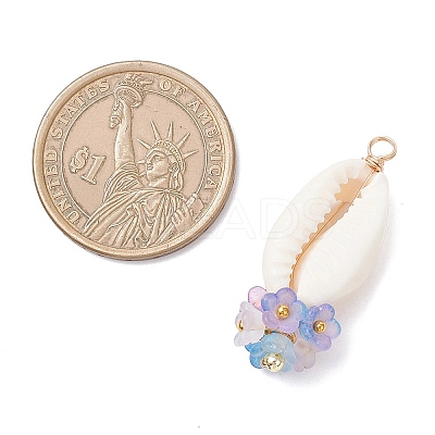 6Pcs 6 Colors Natural Cowrie Shell with Acrylic Flower Pendants PALLOY-JF04524-1