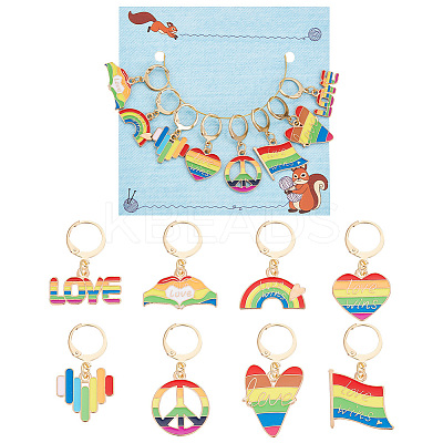 8Pcs 8 Style Pride Rainbow Alloy Enamel Pendant Stitch Markers HJEW-NB00030-1