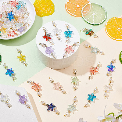 50Pcs Gradient Color Baking Paint Transparent Glass Starfish & ABS Plastic Imitation Pearl Connector Charms PALLOY-AR00033-1