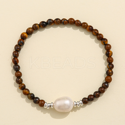 Natural Tiger Eye & Freshwater Pearl Bead Stretch Bracelets for Women EC3110-1-1
