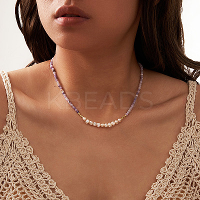 Round Natural Lepidolite & Natural Freshwater Pearl & 925 Sterling Silver Beaded Necklaces for Women NJEW-G154-01G-1