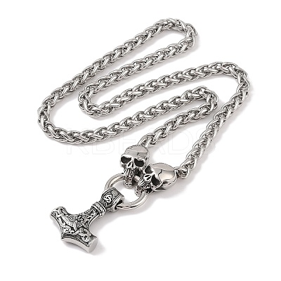 304 Stainless Steel Skull Wheat Chain Viking Mjolnir Thor Hammer Pendant Necklaces for Men NJEW-K278-02AS-1