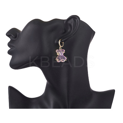 3 Pair 3 Color Resin Bear with Crystal Rhinestone Star Dangle Hoop Earrings EJEW-JE05244-1