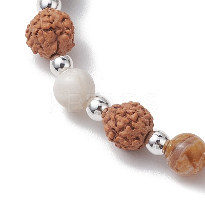 Round Natural Bamboo Leaf Agate & Electroplated Synthetic Non-magnetic Hematite & Natural Rudraksha Beaded Stretch Bracelets BJEW-JB10661-1