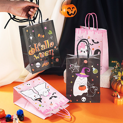 8Pcs 4 Styles Halloween Theme Printed Paper Gift Tote Bags ABAG-TA0001-60-1